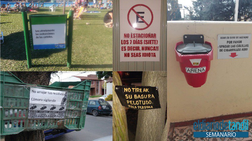Nuestros pecados: un cartel indica leer el resto, otro advierte que ¡Nunca es... Nunca!, en el Hospital las comillas se apagan en el ¿piso?, atornillar un cartel a un árbol es de 